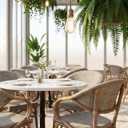 Chaise tapissée style contemporain, idéale pour brasseries et restaurants. Conçue pour un usage professionnel en intérieur.