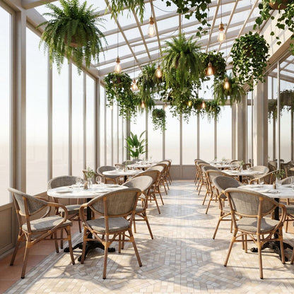 Chaise tapissée style contemporain, idéale pour brasseries et restaurants. Conçue pour un usage professionnel en intérieur.