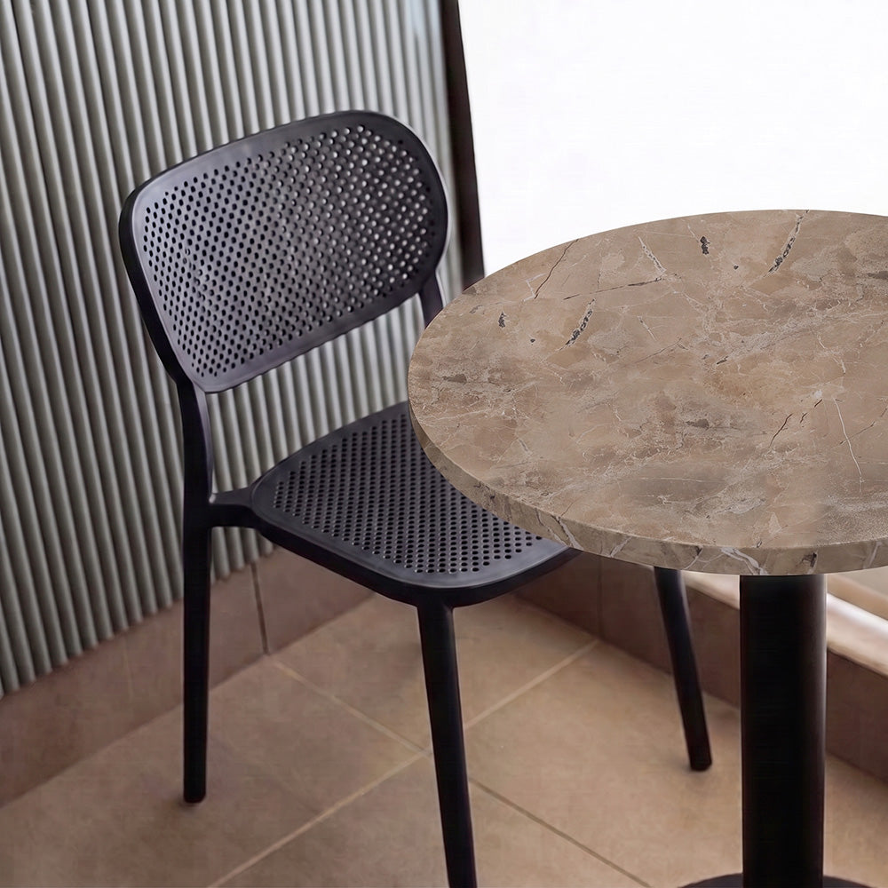 plateau de table sur mesure décor marbre grec pour restaurant bar et bistrot  avec pied de table noir.